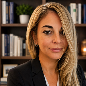 Professional headshot of Laura Criscitelli wearing a dark suit posed in front of bookshelves.